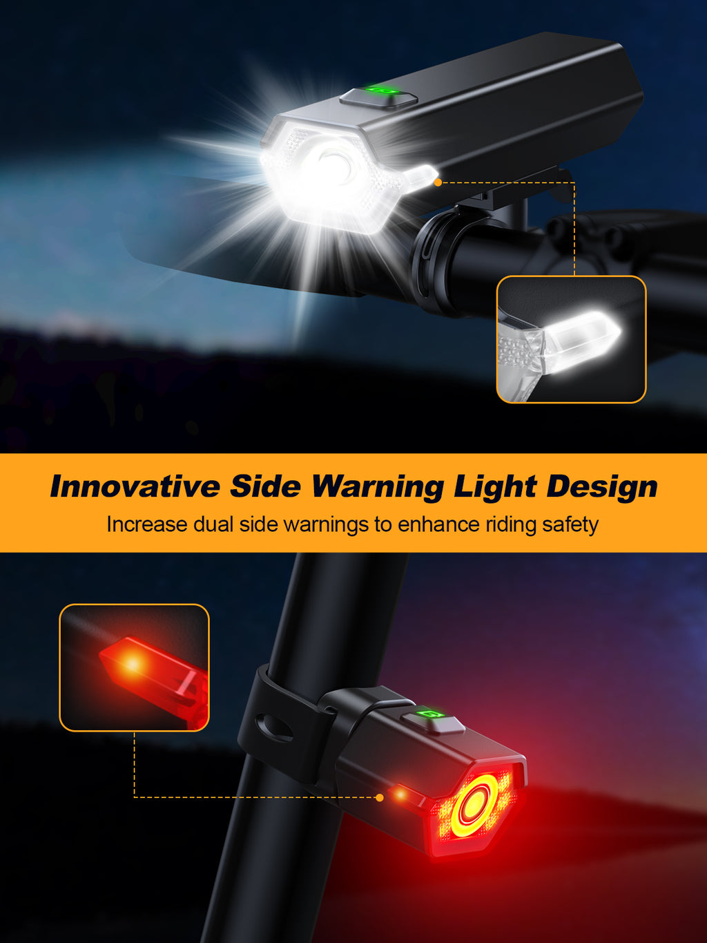 Innovative Side Warning Light Design  Increase dual side warnings to enhance riding safety